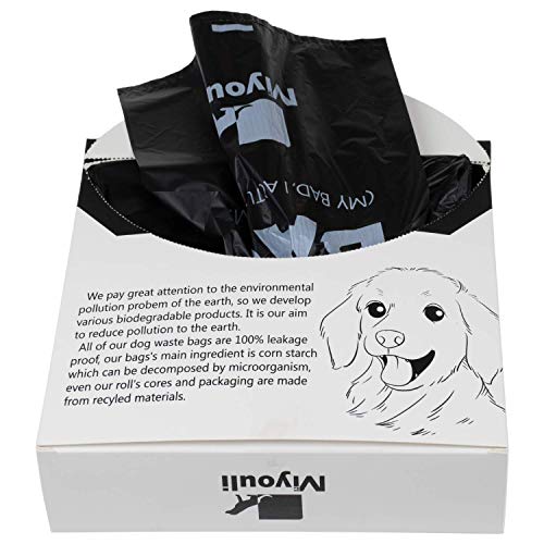 Miyouli 300 Count Extra Thick Black Dog Poop Bags with Handles – Ocean Wind Scented, Corn Starch, 18-Micron, Spillproof