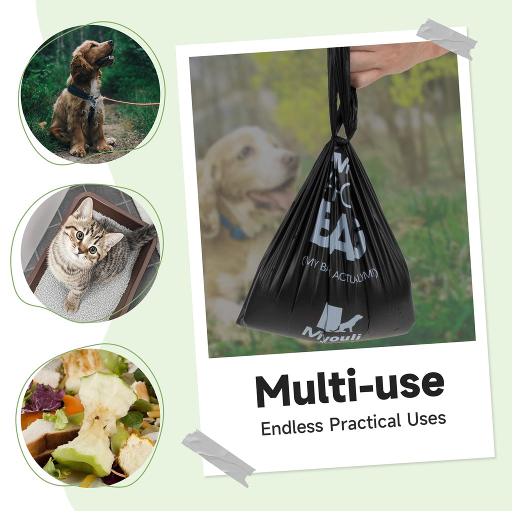 Miyouli 300 Count Extra Thick Black Dog Poop Bags with Handles – Ocean Wind Scented, Corn Starch, 18-Micron, Spillproof