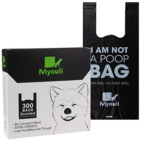 Miyouli 300 Count Extra Thick Black Dog Poop Bags with Handles – Ocean Wind Scented, Corn Starch, 18-Micron, Spillproof