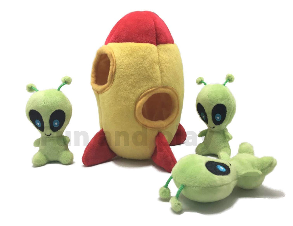 MODERN WAVE Interactive Squeaky Plush Hide and Seek Dog Toy – Spaceship & Aliens, Small