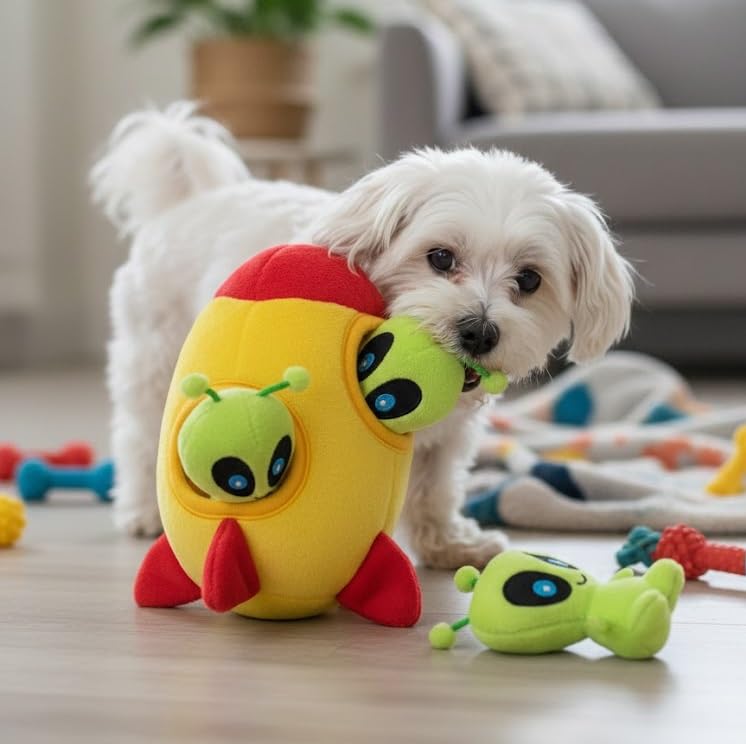 MODERN WAVE Interactive Squeaky Plush Hide and Seek Dog Toy – Spaceship & Aliens, Small