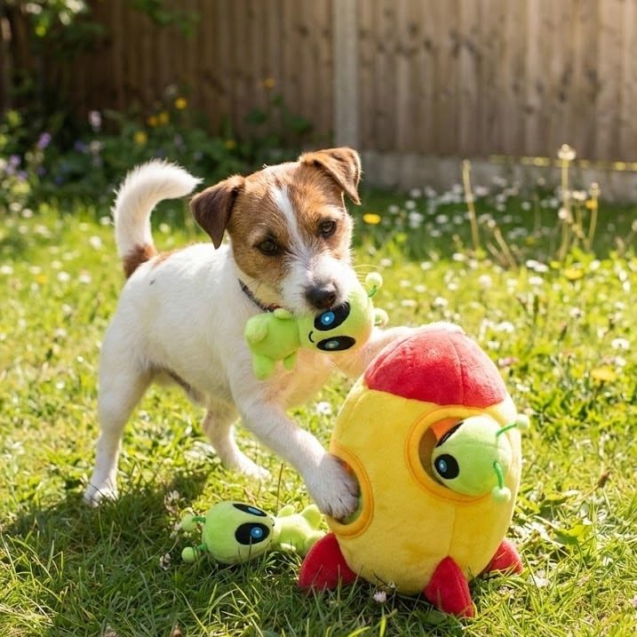 MODERN WAVE Interactive Squeaky Plush Hide and Seek Dog Toy – Spaceship & Aliens, Small