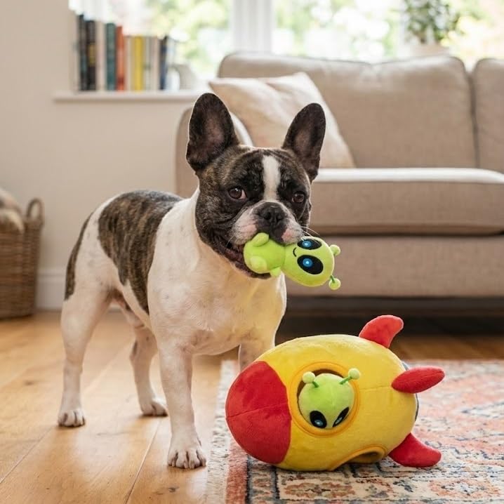 MODERN WAVE Interactive Squeaky Plush Hide and Seek Dog Toy – Spaceship & Aliens, Small