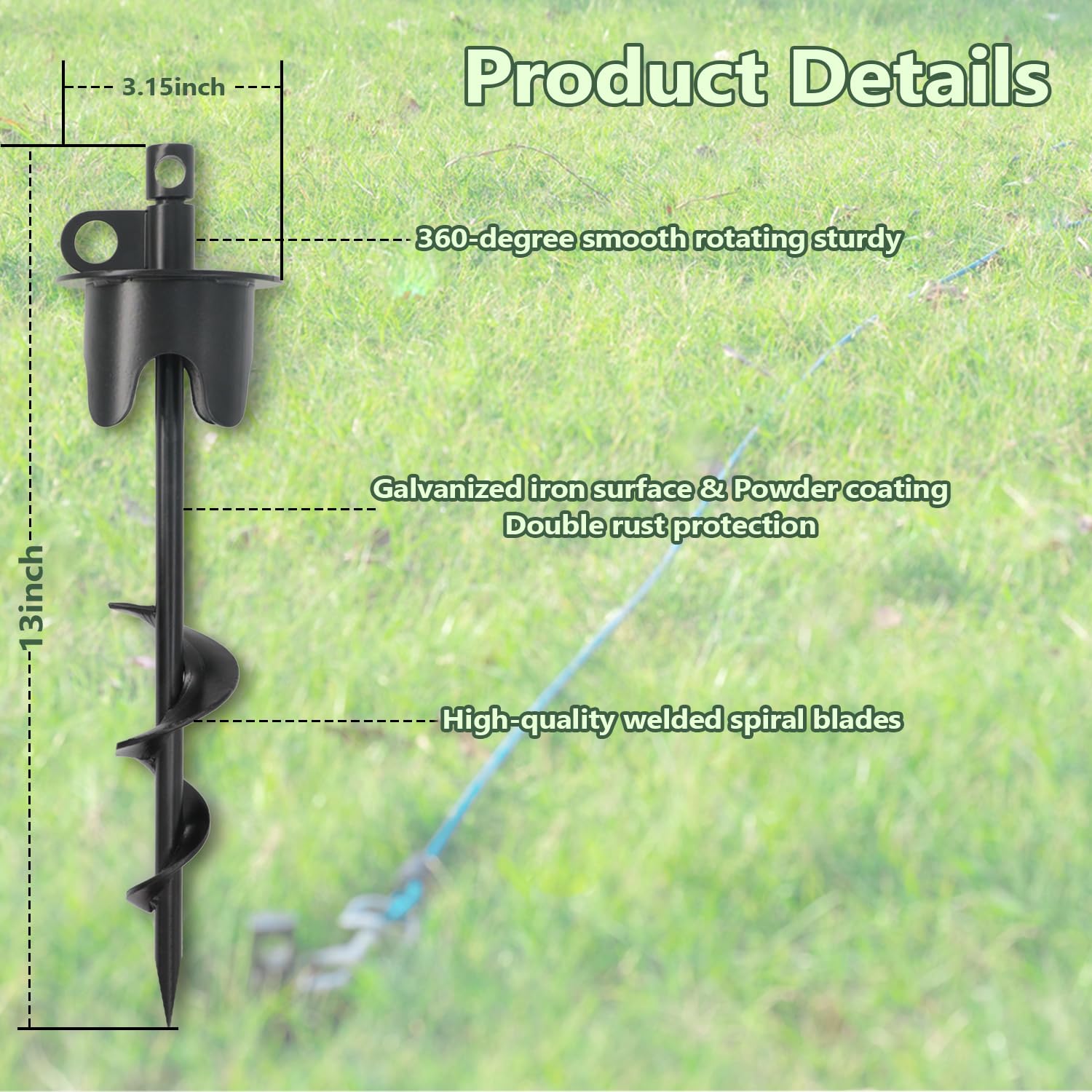 Molvyan Heavy Duty Dog Stake for Large Breeds – 13" Screw-In Ground Anchor, Holds Up to 250 lbs, Rust-Resistant Metal, Portable with Carry Bag