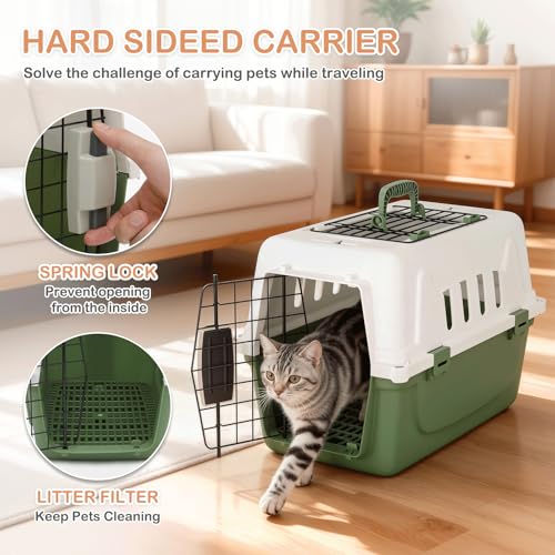 MoNiBloom 18-Inch Hard-Sided Two-Door Pet Carrier, Green - for Cats & Small Dogs up to 10 lbs