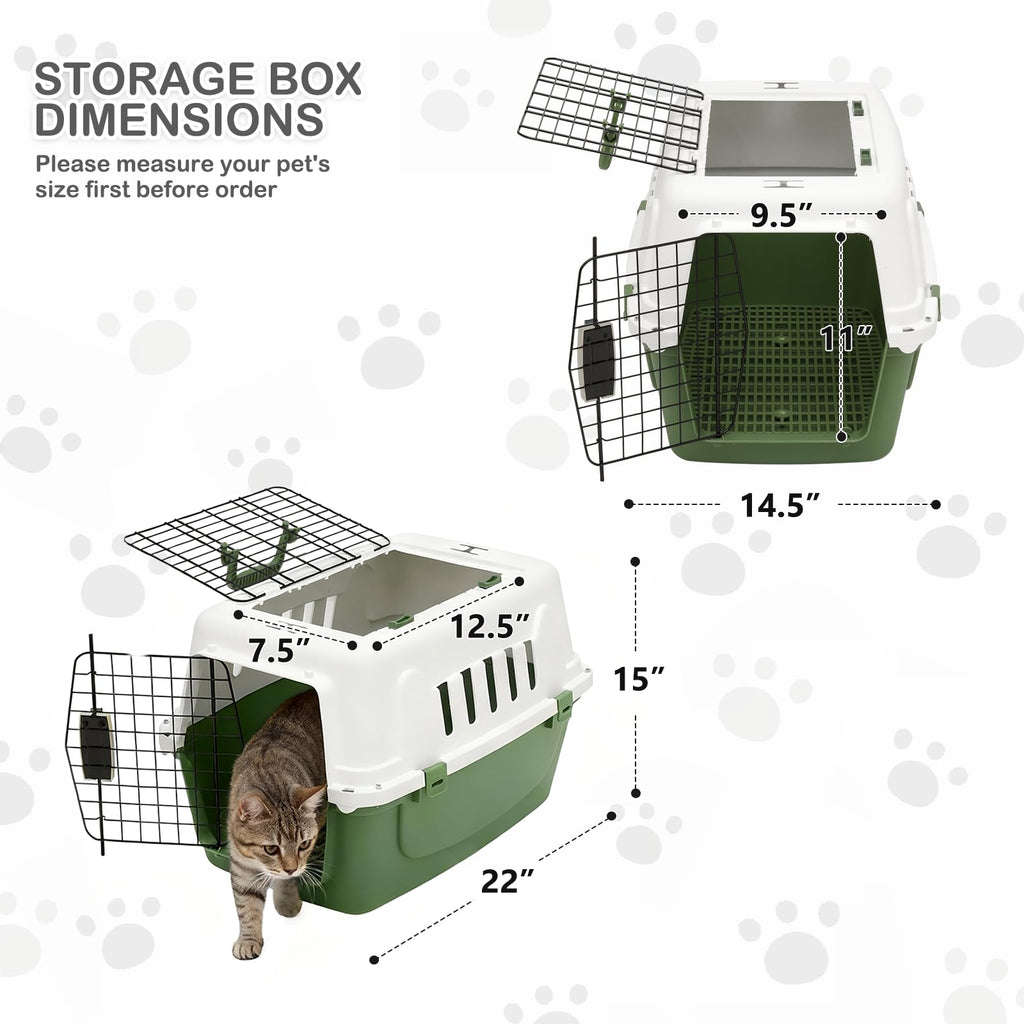 MoNiBloom 18-Inch Hard-Sided Two-Door Pet Carrier, Green - for Cats & Small Dogs up to 10 lbs
