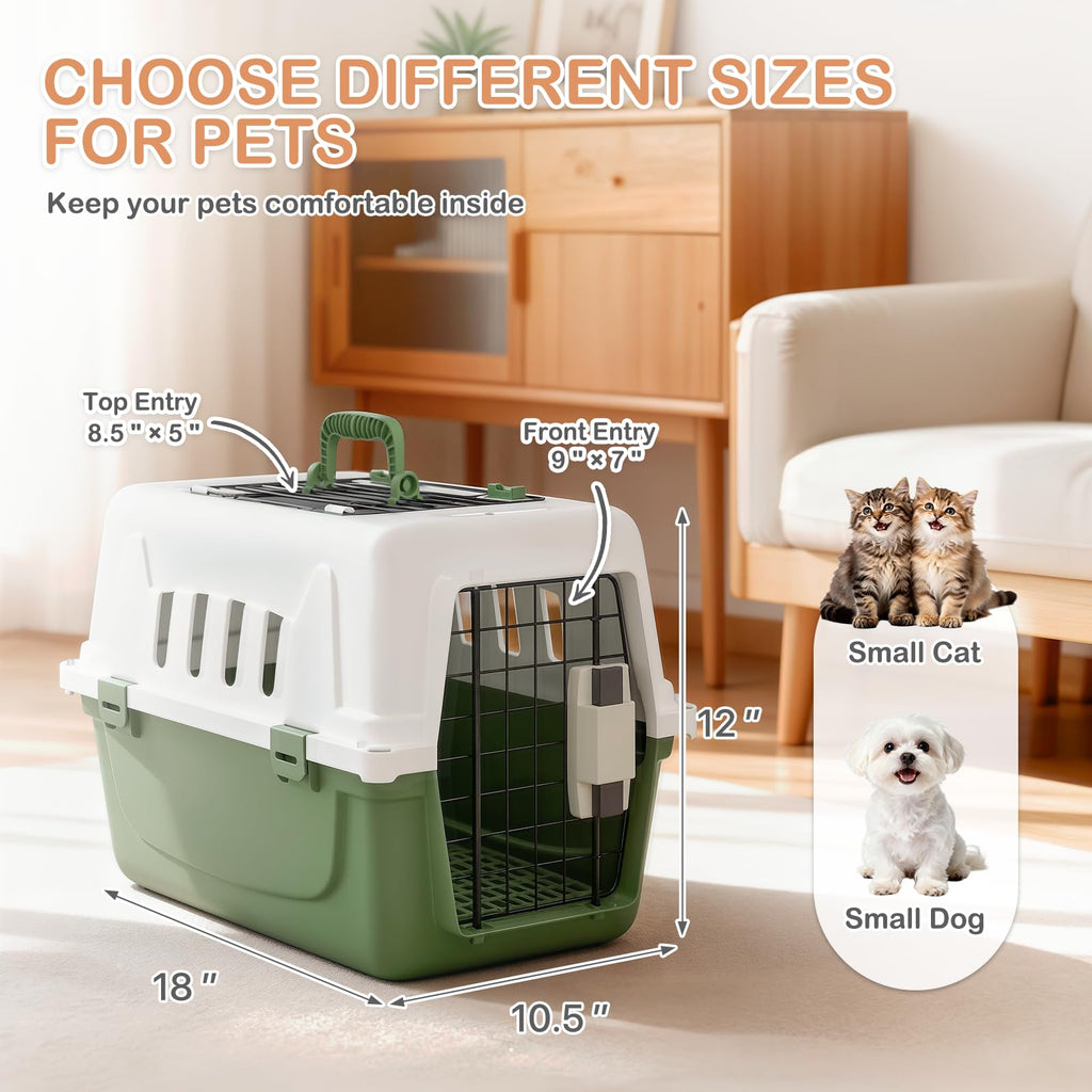 MoNiBloom 18-Inch Hard-Sided Two-Door Pet Carrier, Green - for Cats & Small Dogs up to 10 lbs