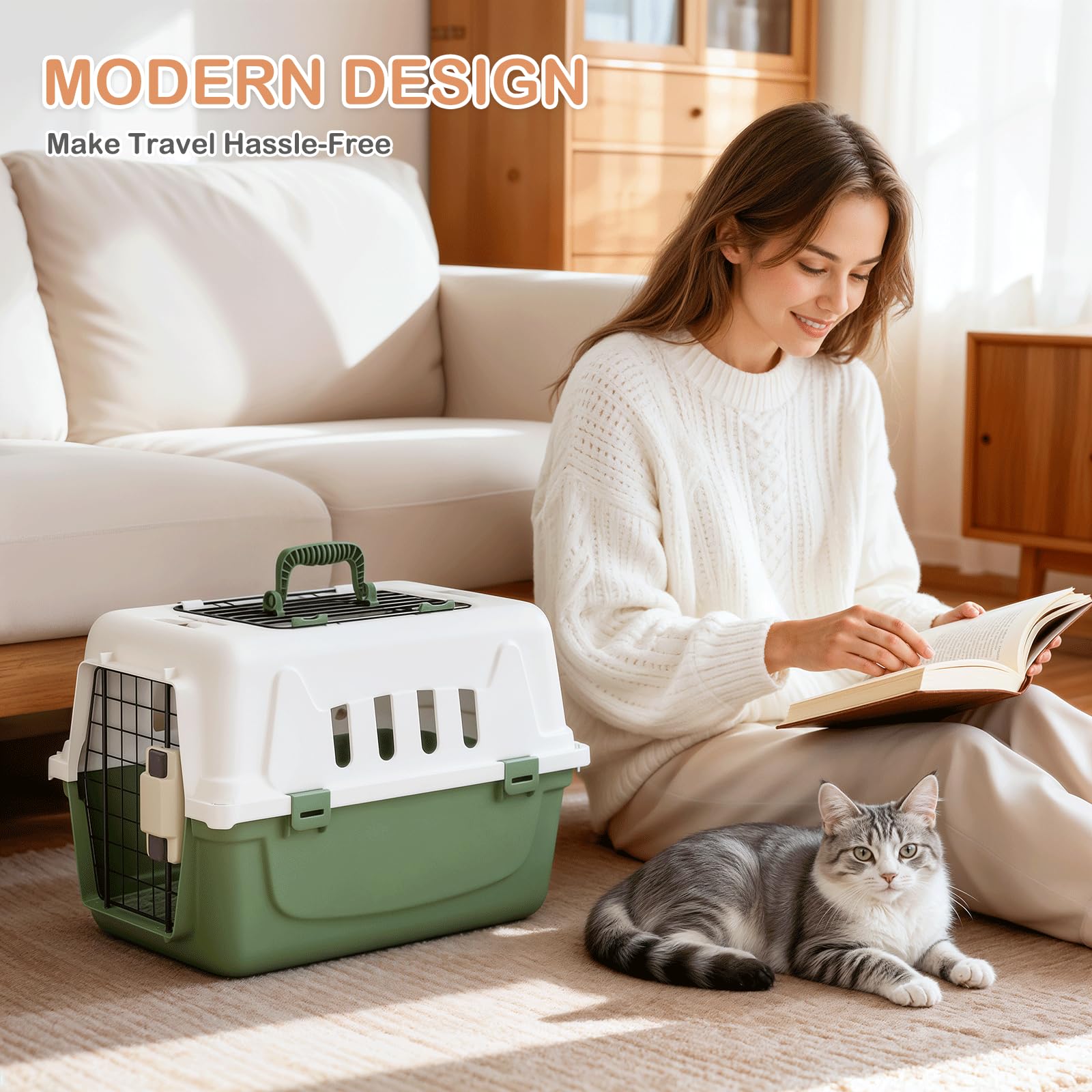 MoNiBloom 18-Inch Hard-Sided Two-Door Pet Carrier, Green - for Cats & Small Dogs up to 10 lbs