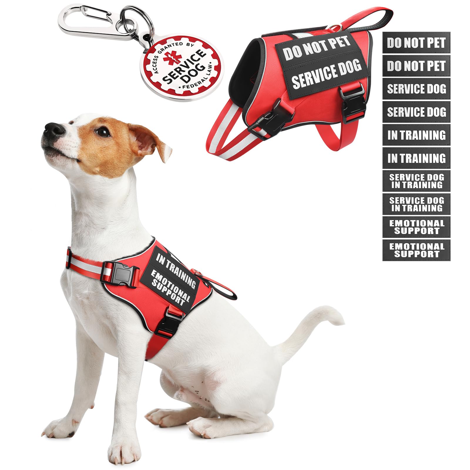 MOOGROU Service Dog Vest Harness Red XS – Full Set with Metal ID Tag, 10 Patches, Reflective Strip & Padded Handle for Small Dogs