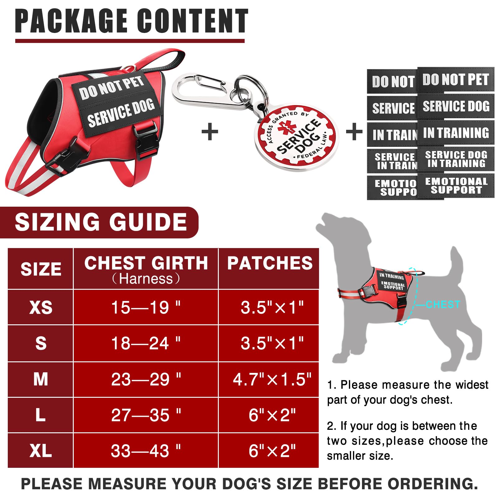 MOOGROU Service Dog Vest Harness Red XS – Full Set with Metal ID Tag, 10 Patches, Reflective Strip & Padded Handle for Small Dogs