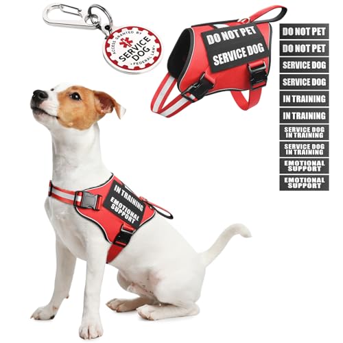 MOOGROU Service Dog Vest Harness Red XS – Full Set with Metal ID Tag, 10 Patches, Reflective Strip & Padded Handle for Small Dogs