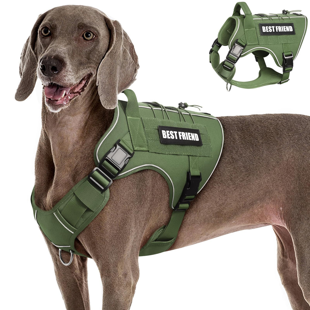MOOGROU Tactical Dog Harness for Large Dogs - No Pull, Military Vest with Handle, Reflective, Green XL