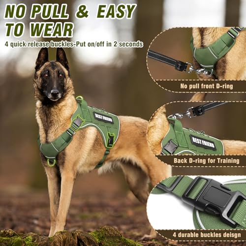 MOOGROU Tactical Dog Harness for Large Dogs - No Pull, Military Vest with Handle, Reflective, Green XL