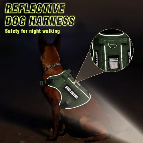MOOGROU Tactical Dog Harness for Large Dogs - No Pull, Military Vest with Handle, Reflective, Green XL