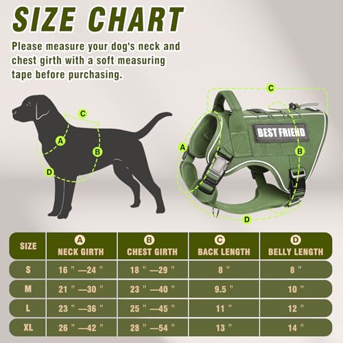 MOOGROU Tactical Dog Harness for Large Dogs - No Pull, Military Vest with Handle, Reflective, Green XL