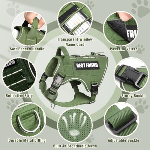 MOOGROU Tactical Dog Harness for Large Dogs - No Pull, Military Vest with Handle, Reflective, Green XL