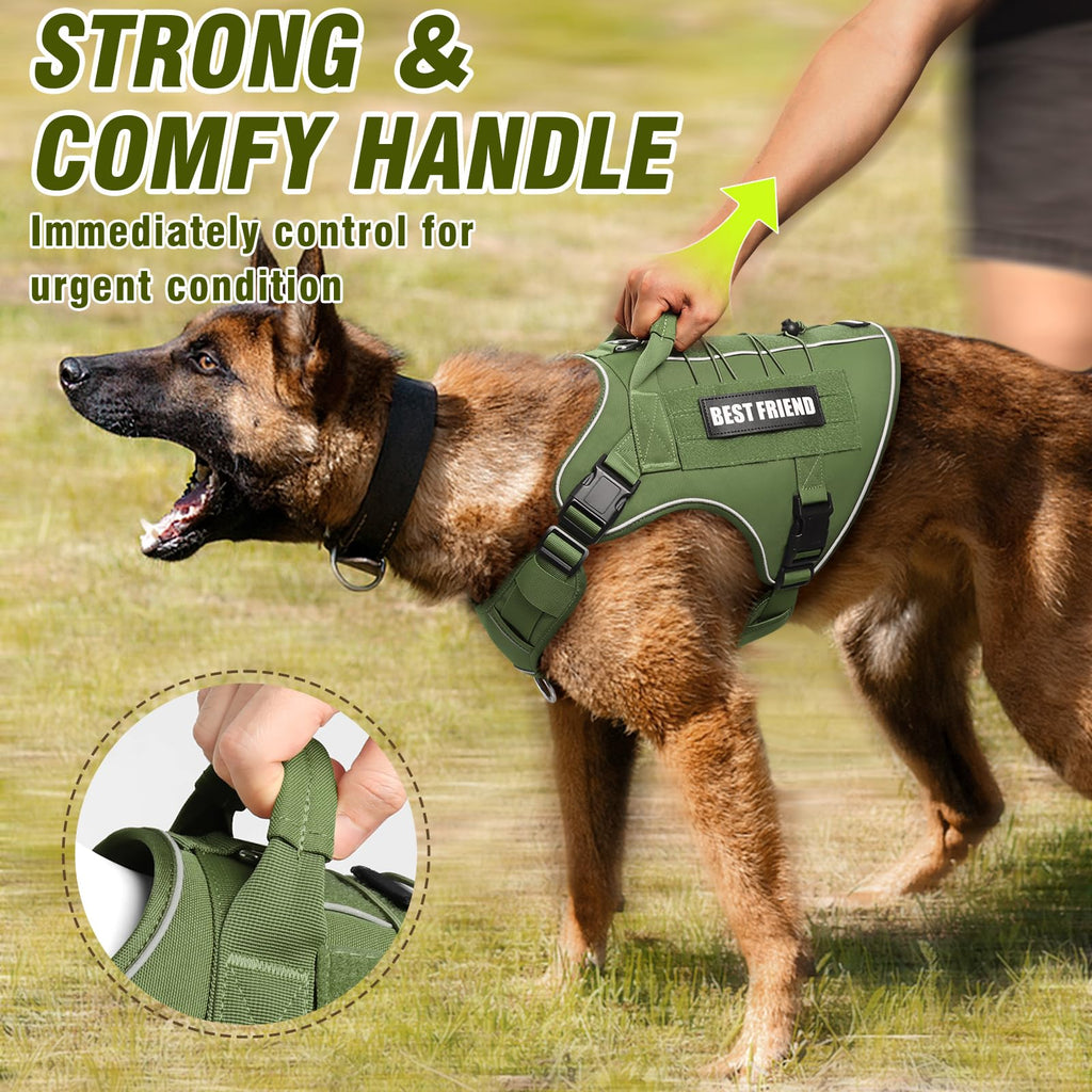 MOOGROU Tactical Dog Harness for Large Dogs - No Pull, Military Vest with Handle, Reflective, Green XL