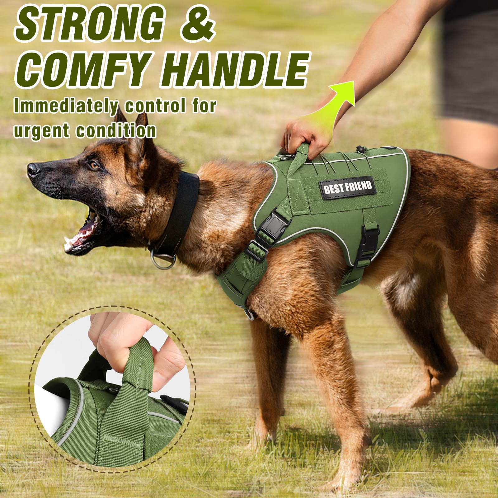 MOOGROU Tactical Dog Harness for Large Dogs - No Pull, Military Vest with Handle, Reflective, Green XL