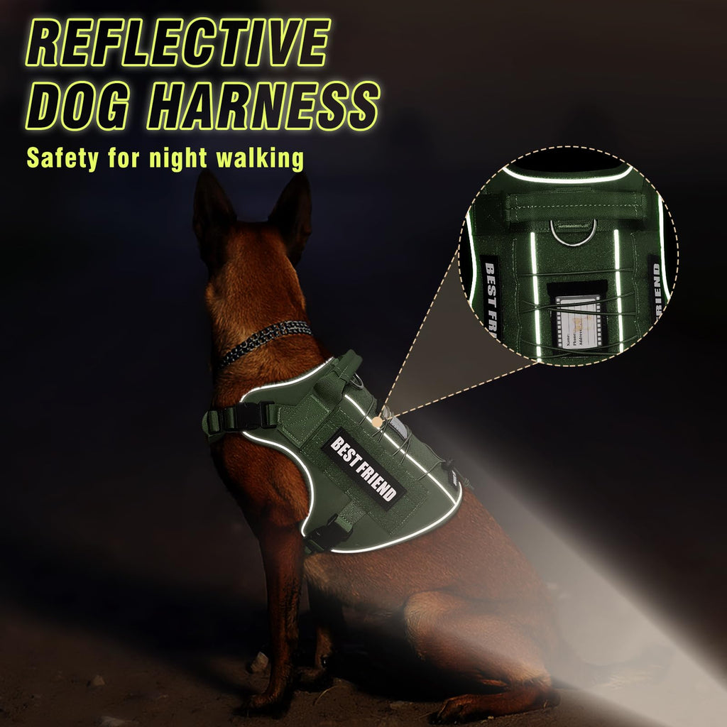 MOOGROU Tactical Dog Harness for Large Dogs - No Pull, Military Vest with Handle, Reflective, Green XL