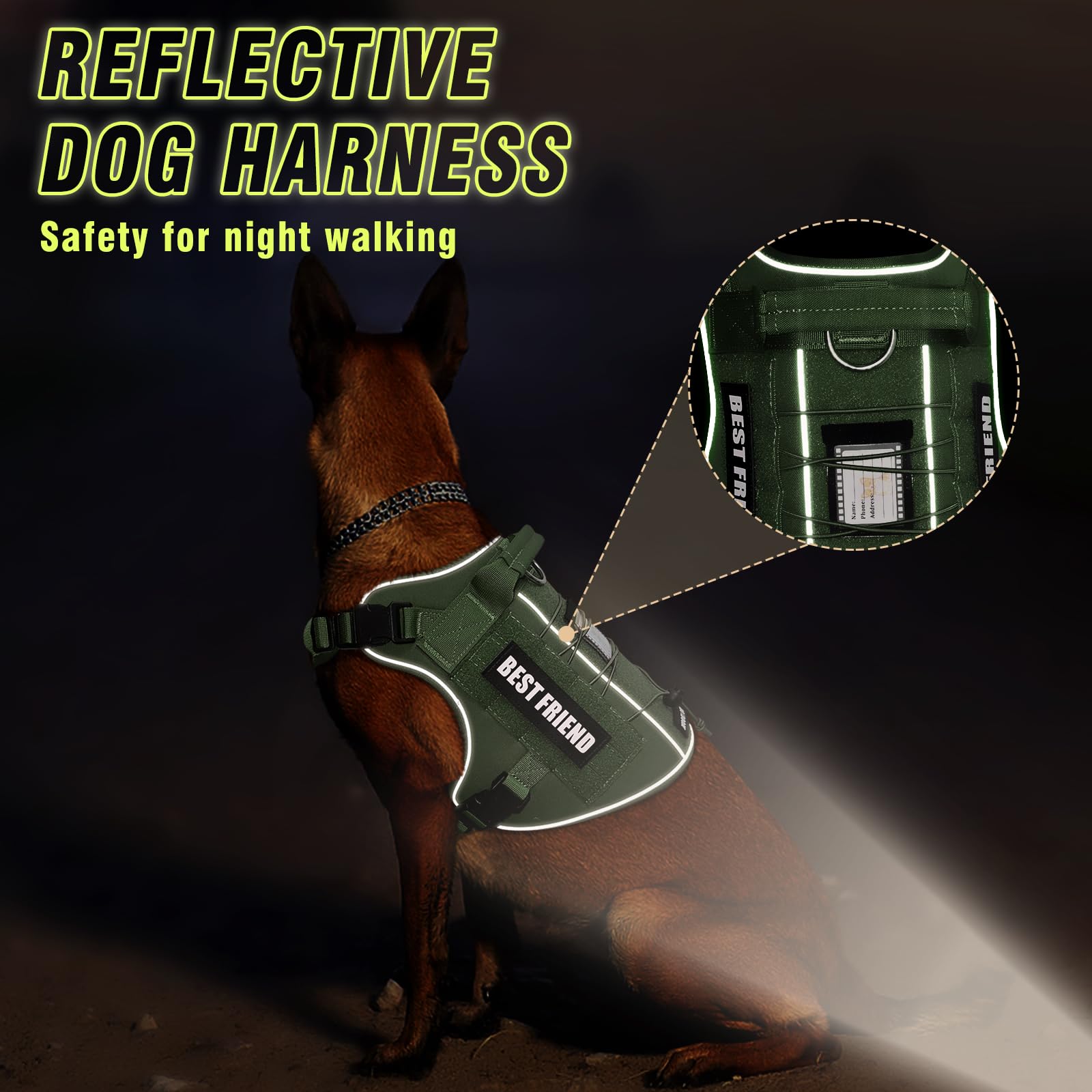 MOOGROU Tactical Dog Harness for Large Dogs - No Pull, Military Vest with Handle, Reflective, Green XL