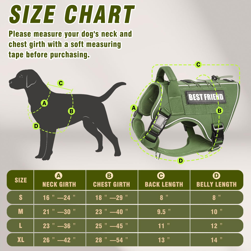 MOOGROU Tactical Dog Harness for Large Dogs - No Pull, Military Vest with Handle, Reflective, Green XL