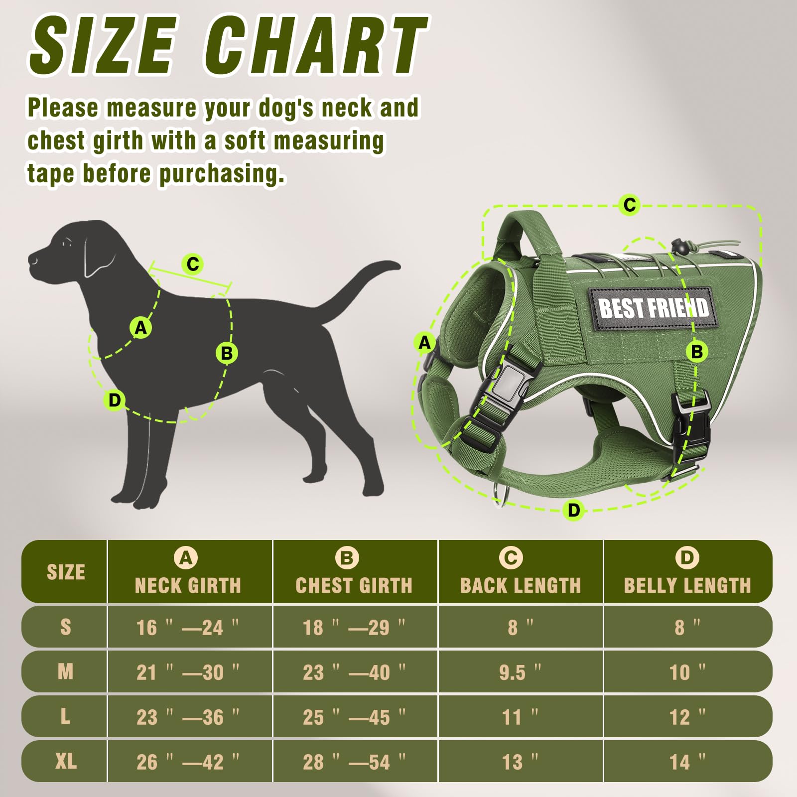 MOOGROU Tactical Dog Harness for Large Dogs - No Pull, Military Vest with Handle, Reflective, Green XL