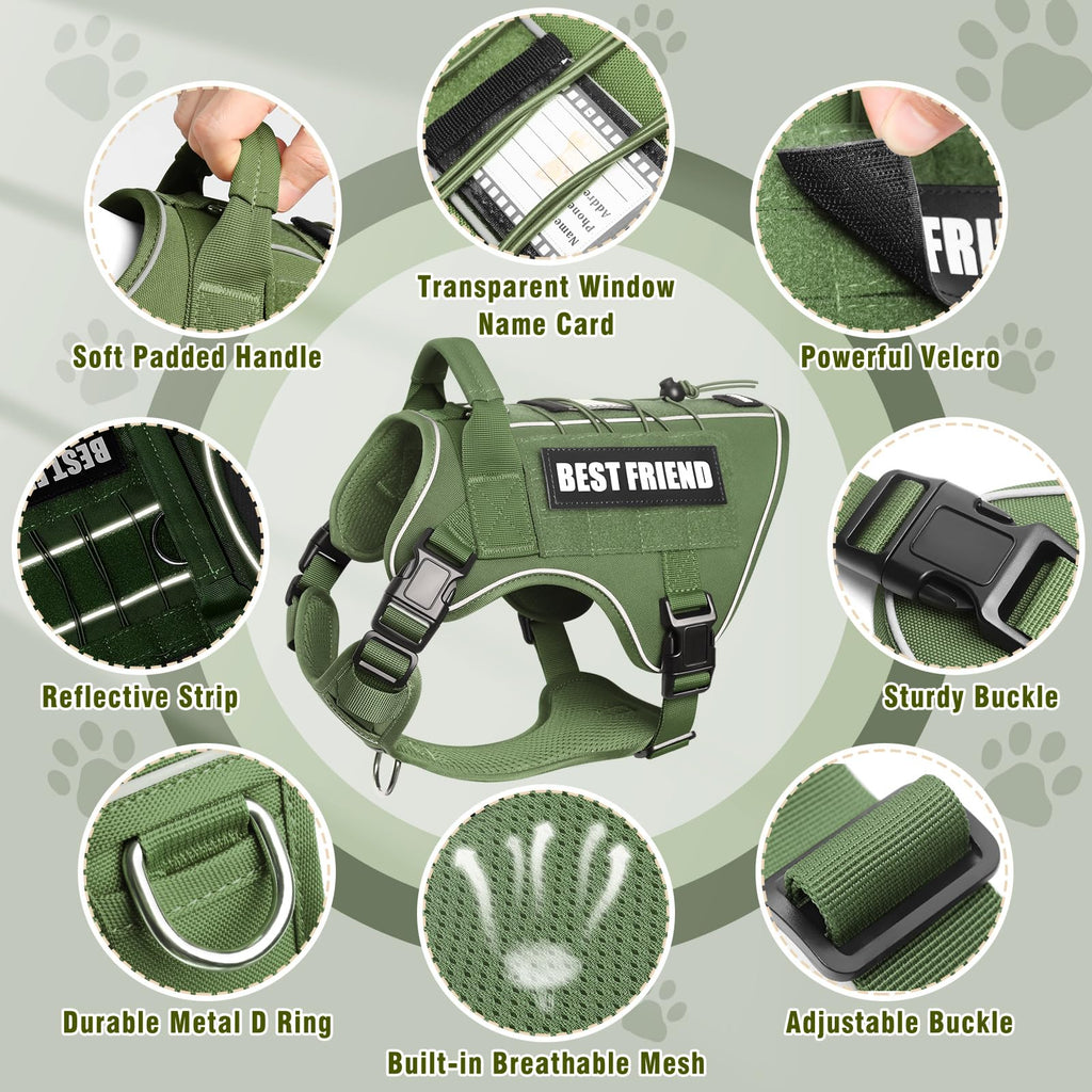 MOOGROU Tactical Dog Harness for Large Dogs - No Pull, Military Vest with Handle, Reflective, Green XL