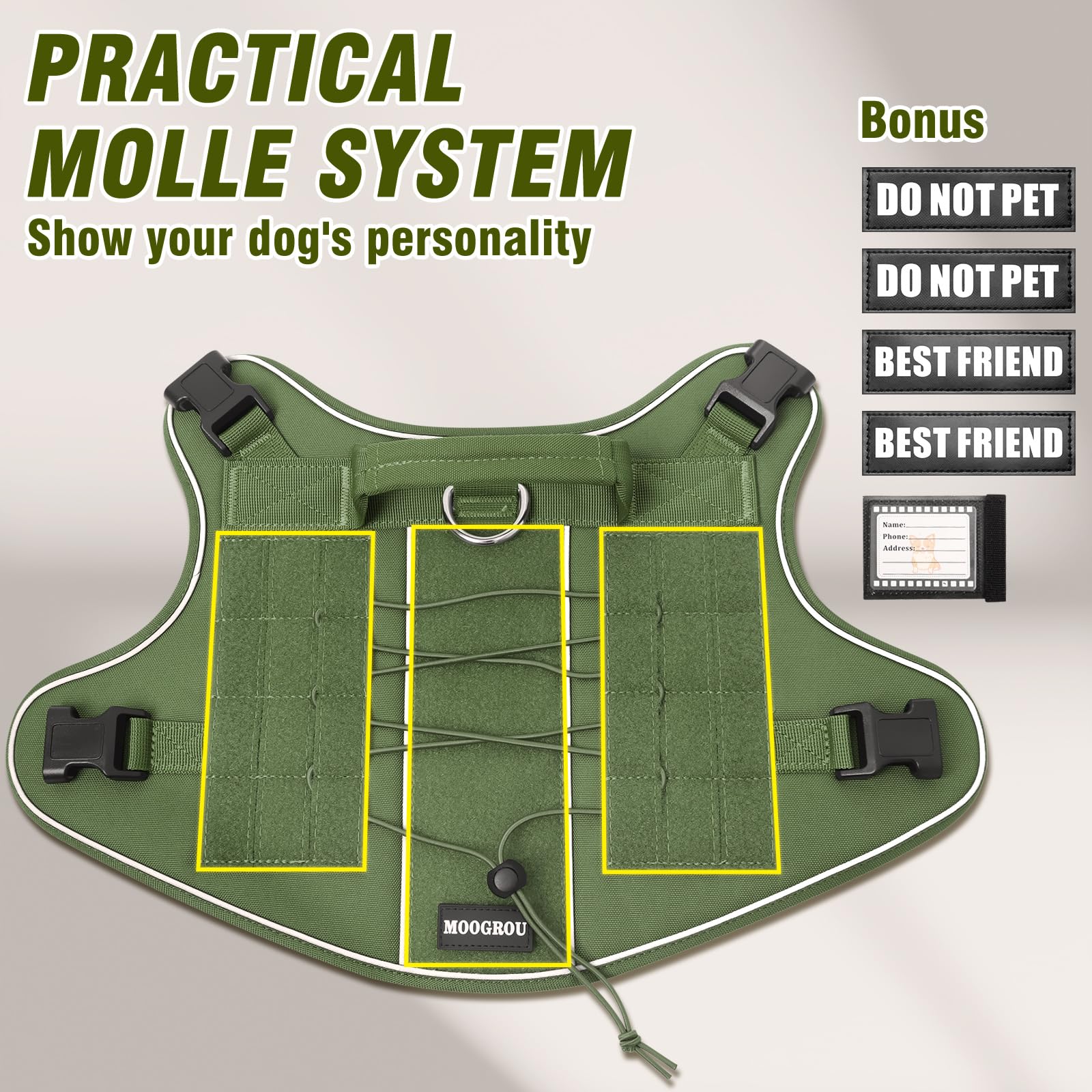 MOOGROU Tactical Dog Harness for Large Dogs - No Pull, Military Vest with Handle, Reflective, Green XL