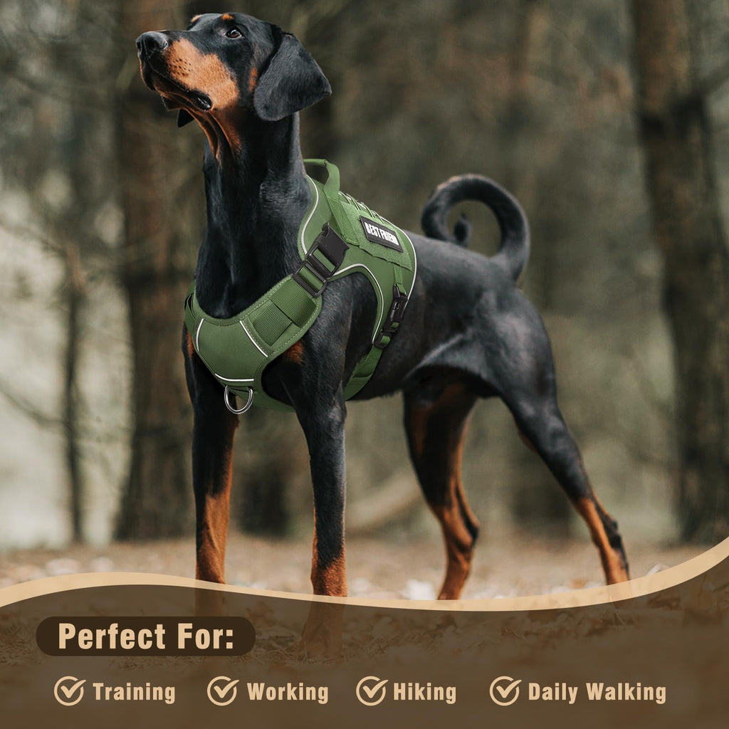 MOOGROU Tactical Dog Harness for Large Dogs - No Pull, Military Vest with Handle, Reflective, Green XL