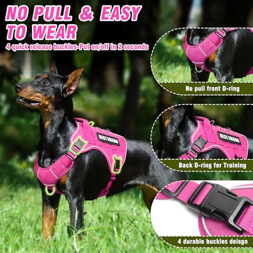 MOOGROU Tactical Dog Harness for Large Dogs - No-Pull Military Vest with Handle, Reflective, Hot Pink, Size Large