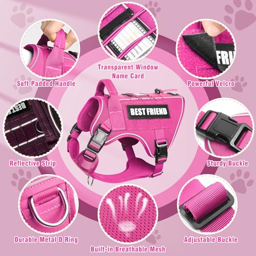 MOOGROU Tactical Dog Harness for Large Dogs - No-Pull Military Vest with Handle, Reflective, Hot Pink, Size Large