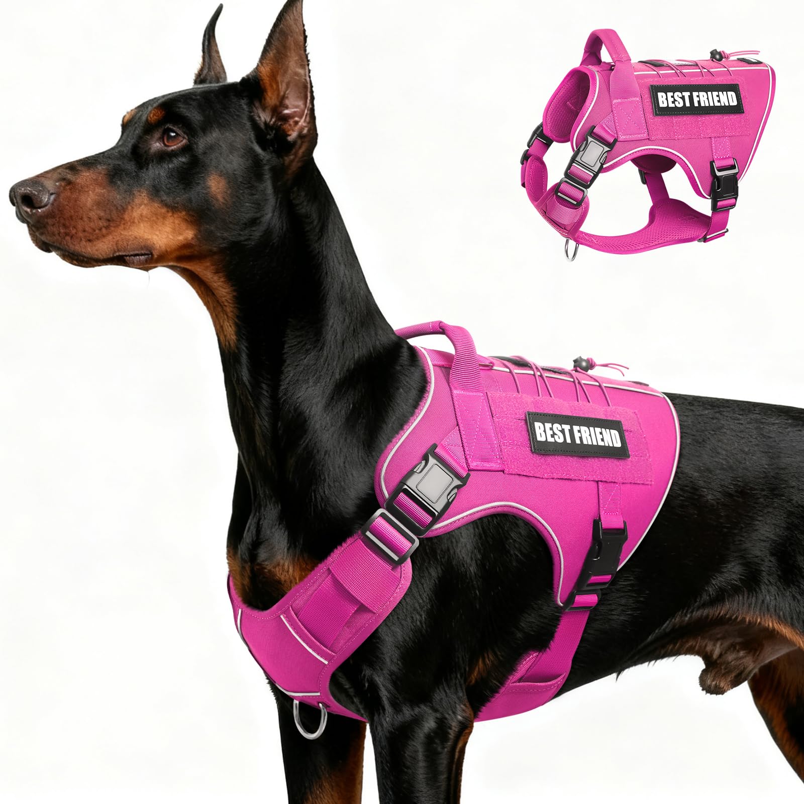MOOGROU Tactical Dog Harness for Large Dogs - No-Pull Military Vest with Handle, Reflective, Hot Pink, Size Large