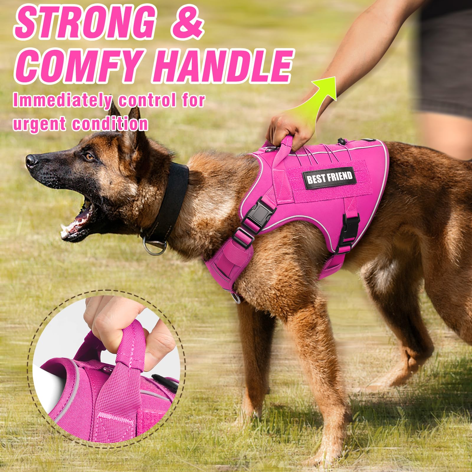 MOOGROU Tactical Dog Harness for Large Dogs - No-Pull Military Vest with Handle, Reflective, Hot Pink, Size Large