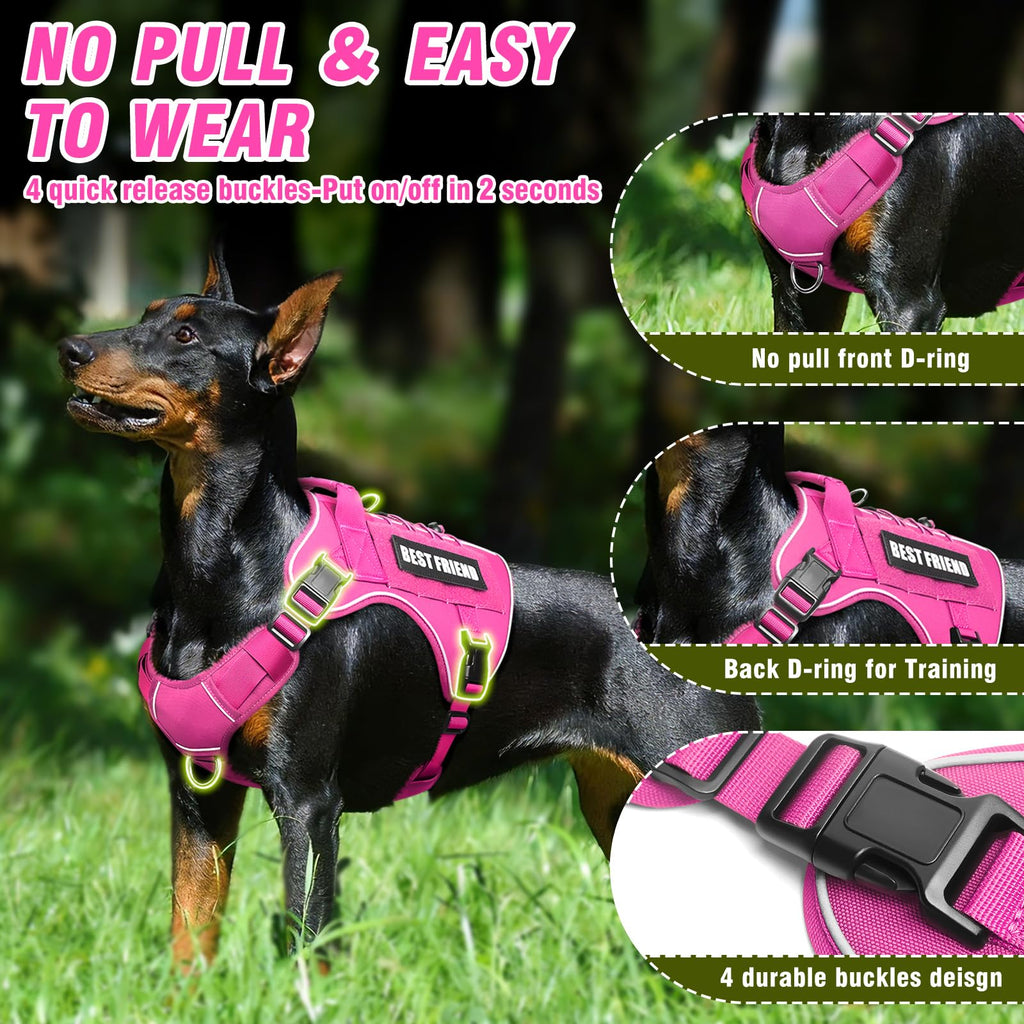 MOOGROU Tactical Dog Harness for Large Dogs - No-Pull Military Vest with Handle, Reflective, Hot Pink, Size Large