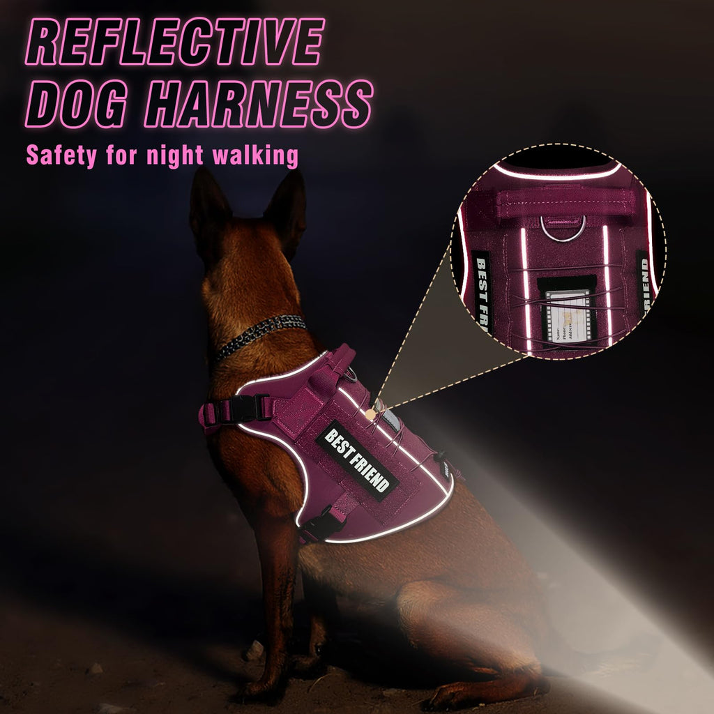 MOOGROU Tactical Dog Harness for Large Dogs - No-Pull Military Vest with Handle, Reflective, Hot Pink, Size Large