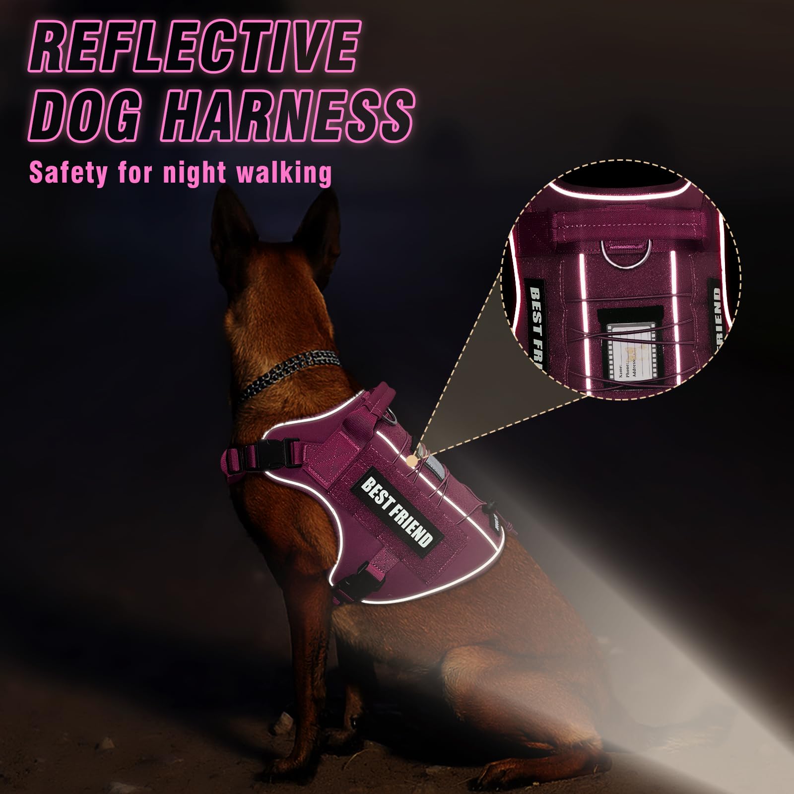 MOOGROU Tactical Dog Harness for Large Dogs - No-Pull Military Vest with Handle, Reflective, Hot Pink, Size Large