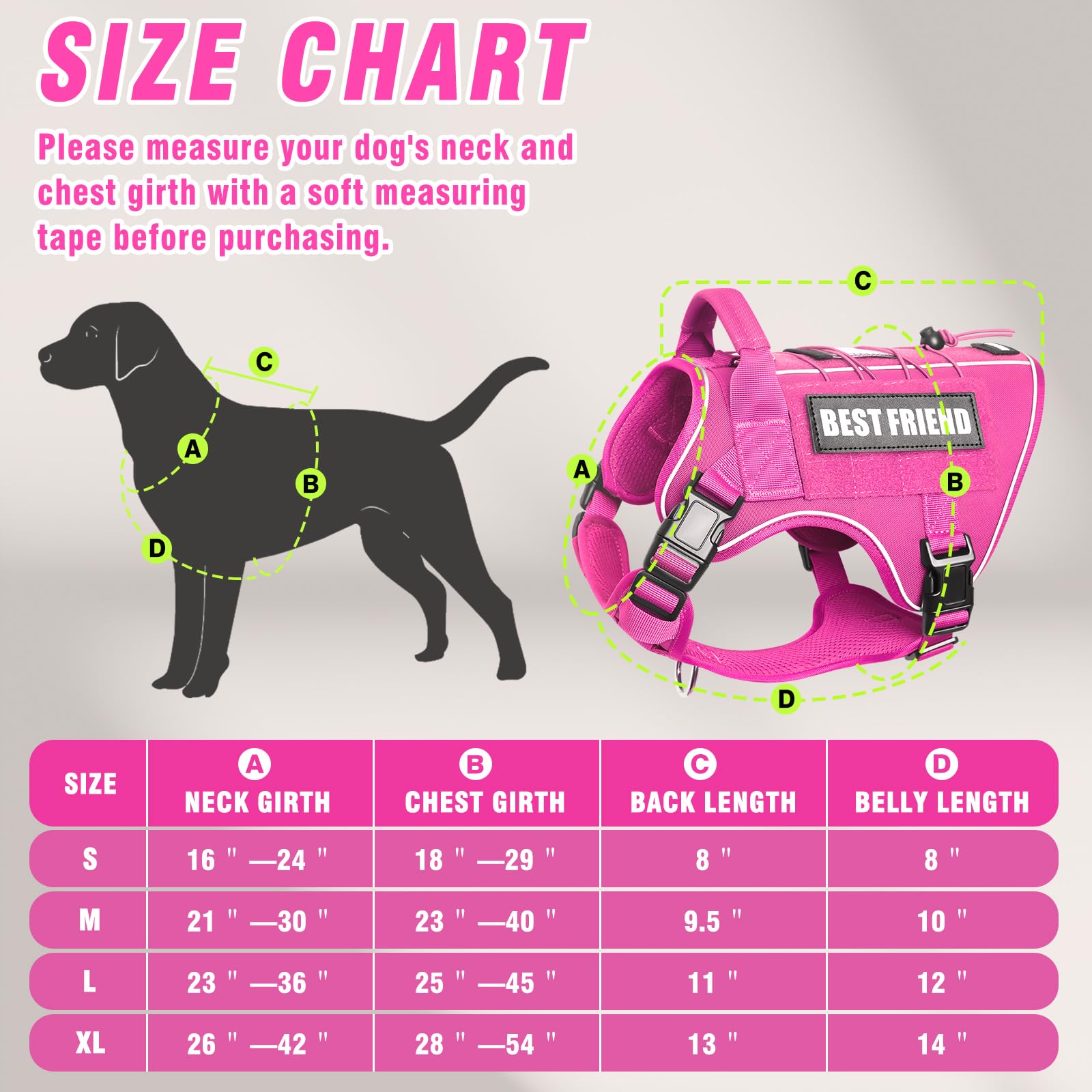 MOOGROU Tactical Dog Harness for Large Dogs - No-Pull Military Vest with Handle, Reflective, Hot Pink, Size Large