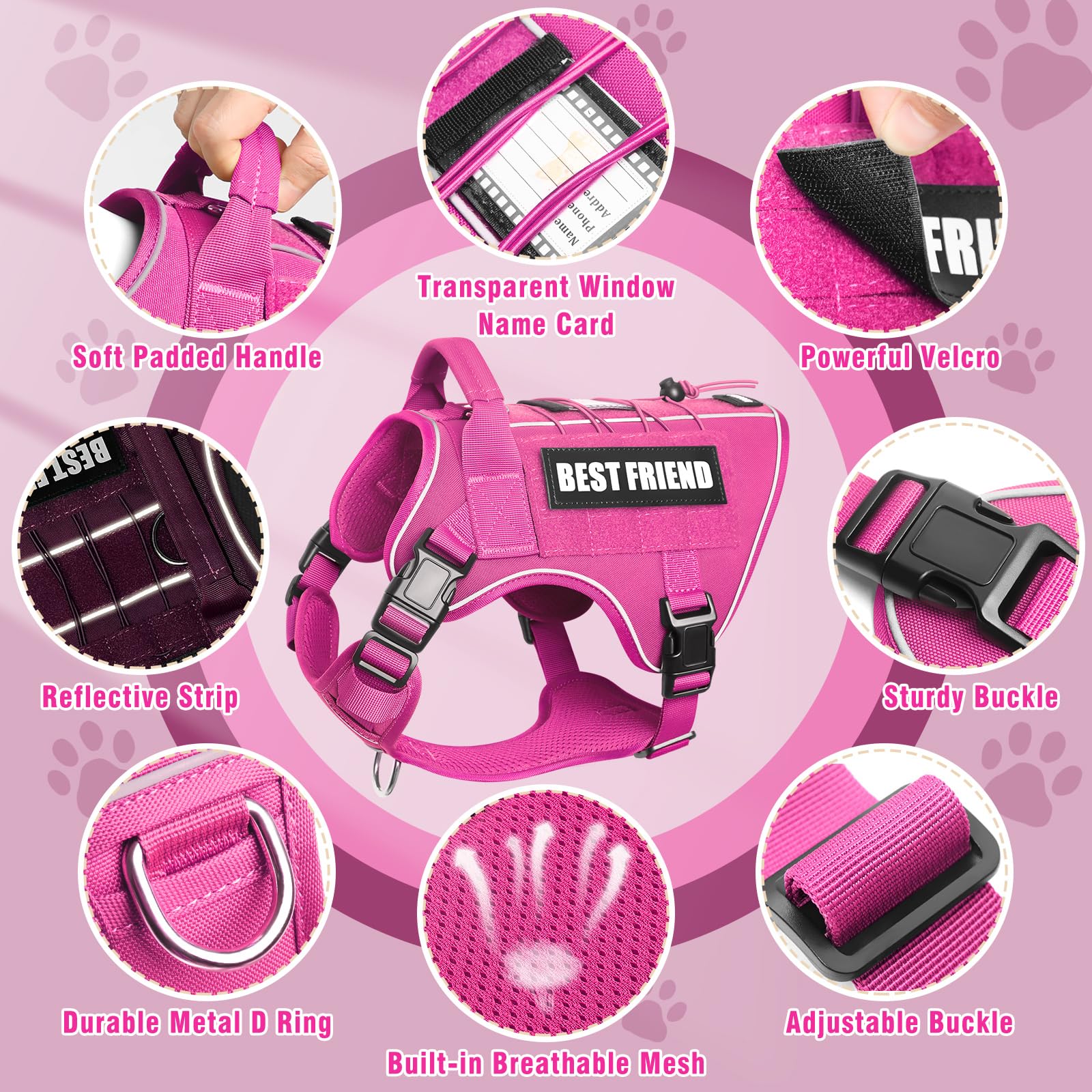 MOOGROU Tactical Dog Harness for Large Dogs - No-Pull Military Vest with Handle, Reflective, Hot Pink, Size Large