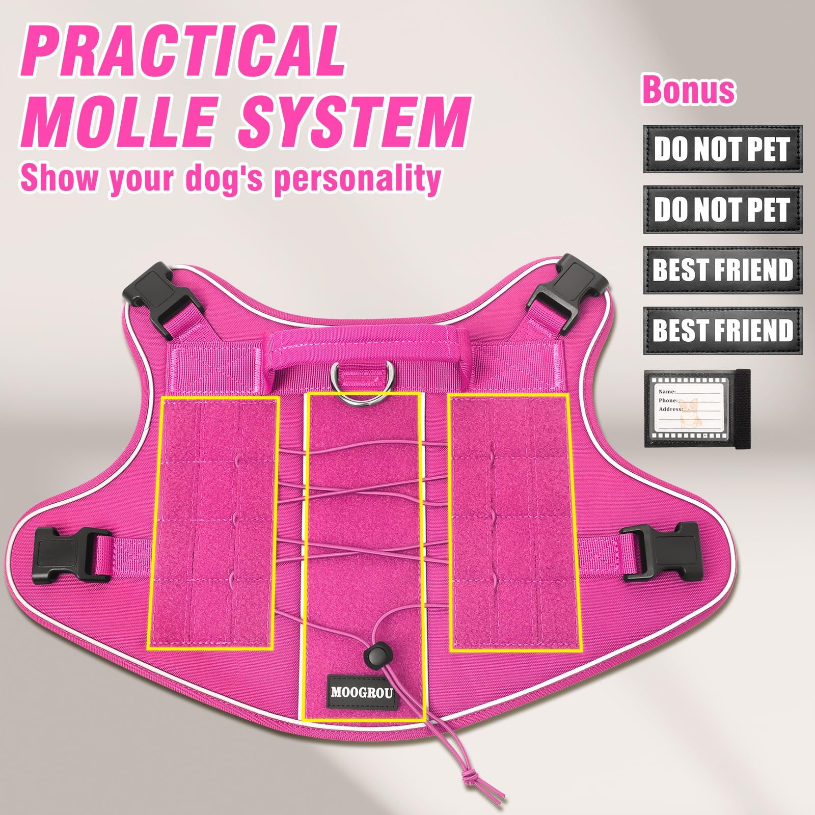 MOOGROU Tactical Dog Harness for Large Dogs - No-Pull Military Vest with Handle, Reflective, Hot Pink, Size Large