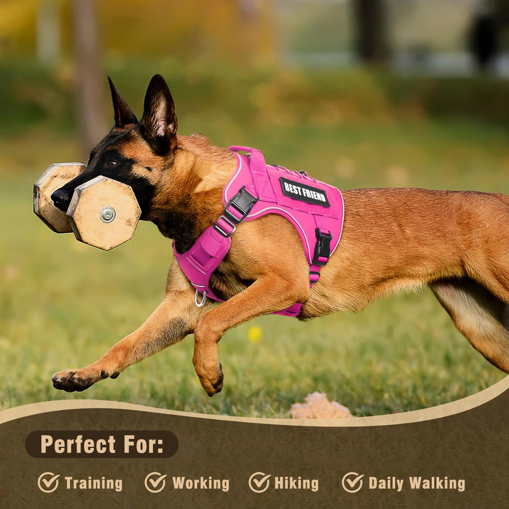 MOOGROU Tactical Dog Harness for Large Dogs - No-Pull Military Vest with Handle, Reflective, Hot Pink, Size Large