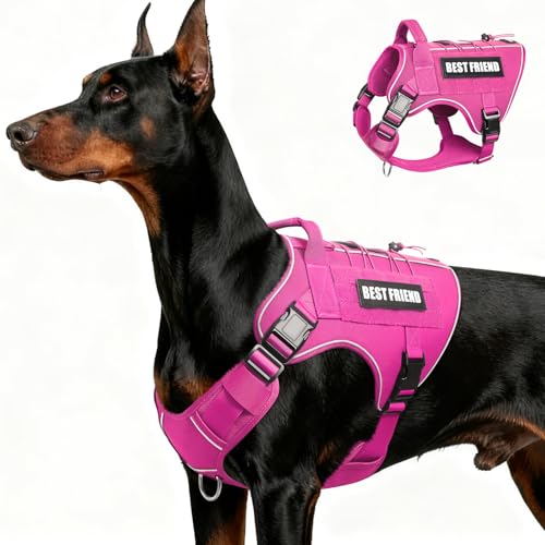 MOOGROU Tactical Dog Harness for Large Dogs - No-Pull Military Vest with Handle, Reflective, Hot Pink, Size Large
