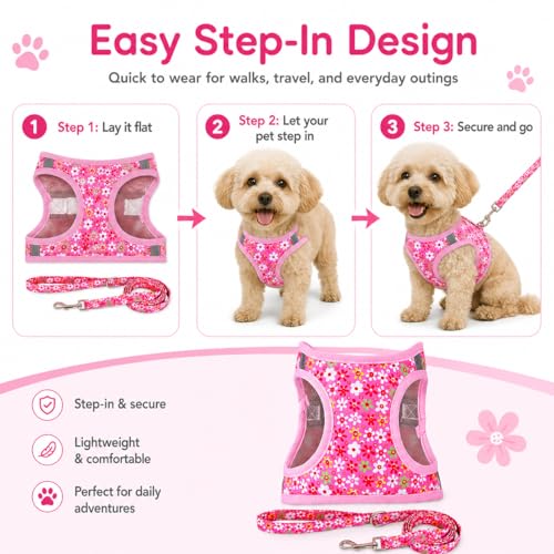 MOONPET Pink Flower Step-In Dog Harness and Leash Set – No-Pull, Reflective, Breathable Mesh Vest for Small Dogs (Size S)