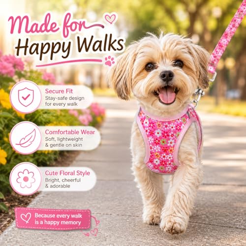 MOONPET Pink Flower Step-In Dog Harness and Leash Set – No-Pull, Reflective, Breathable Mesh Vest for Small Dogs (Size S)