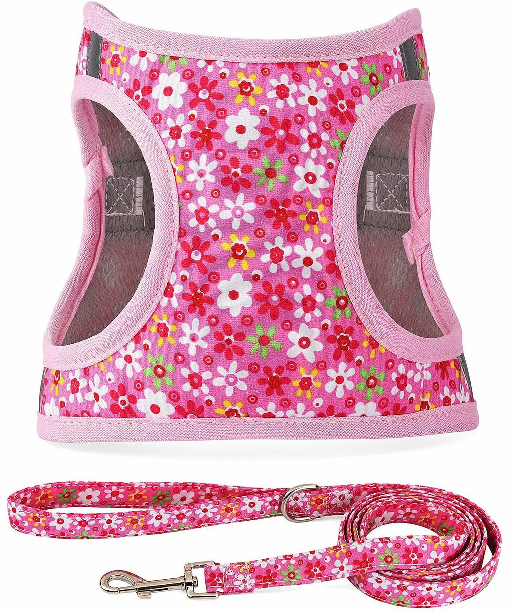 MOONPET Pink Flower Step-In Dog Harness and Leash Set – No-Pull, Reflective, Breathable Mesh Vest for Small Dogs (Size S)
