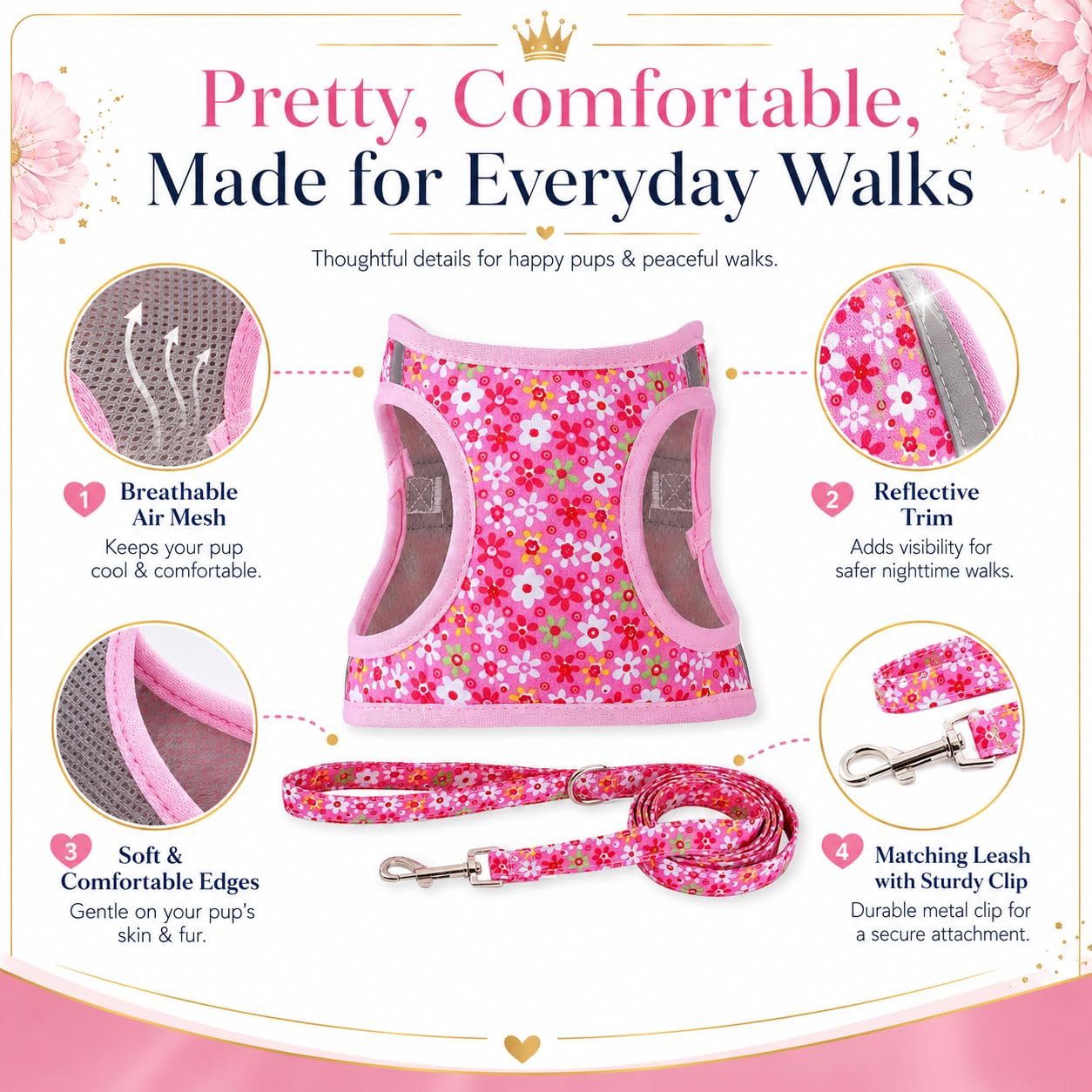 MOONPET Pink Flower Step-In Dog Harness and Leash Set – No-Pull, Reflective, Breathable Mesh Vest for Small Dogs (Size S)
