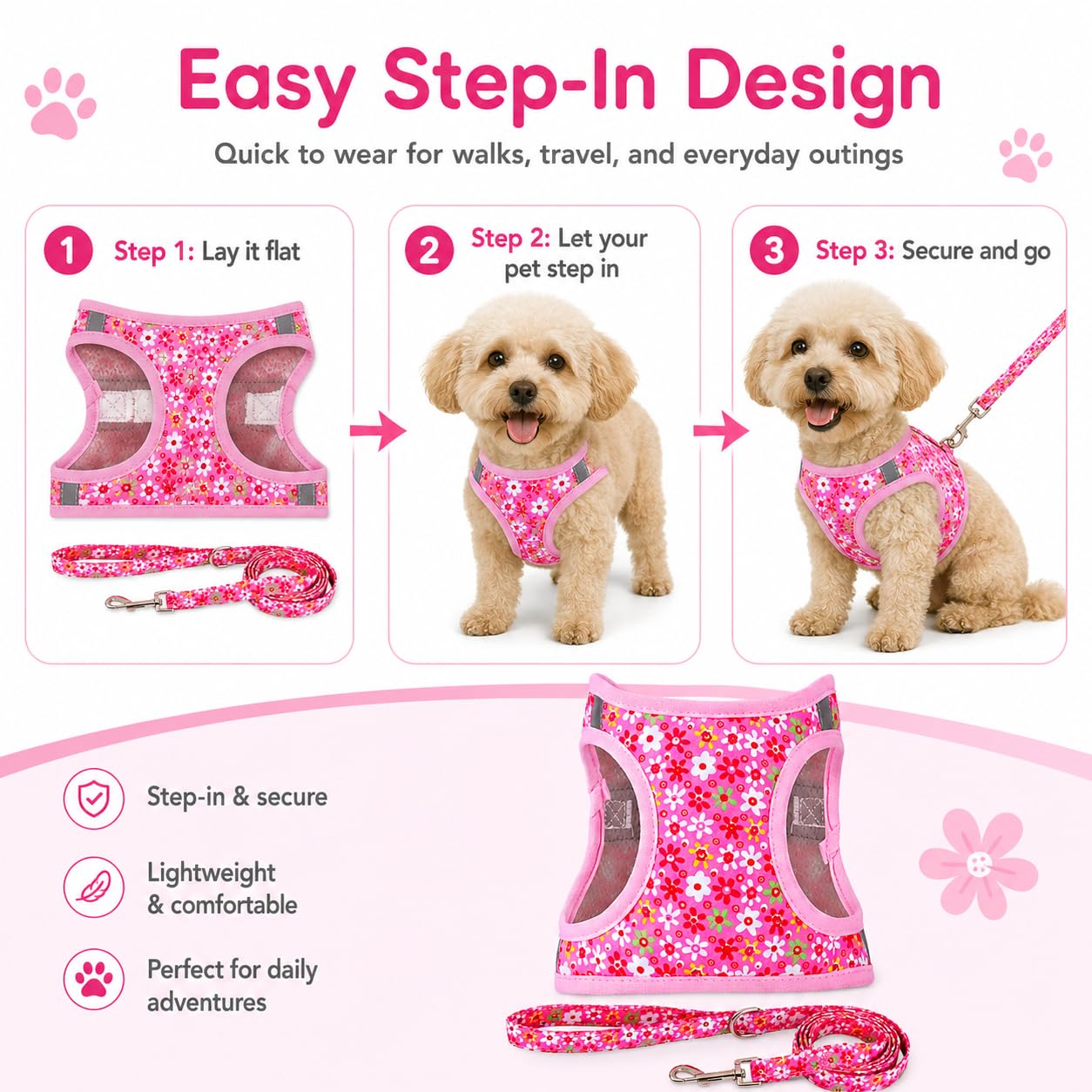 MOONPET Pink Flower Step-In Dog Harness and Leash Set – No-Pull, Reflective, Breathable Mesh Vest for Small Dogs (Size S)