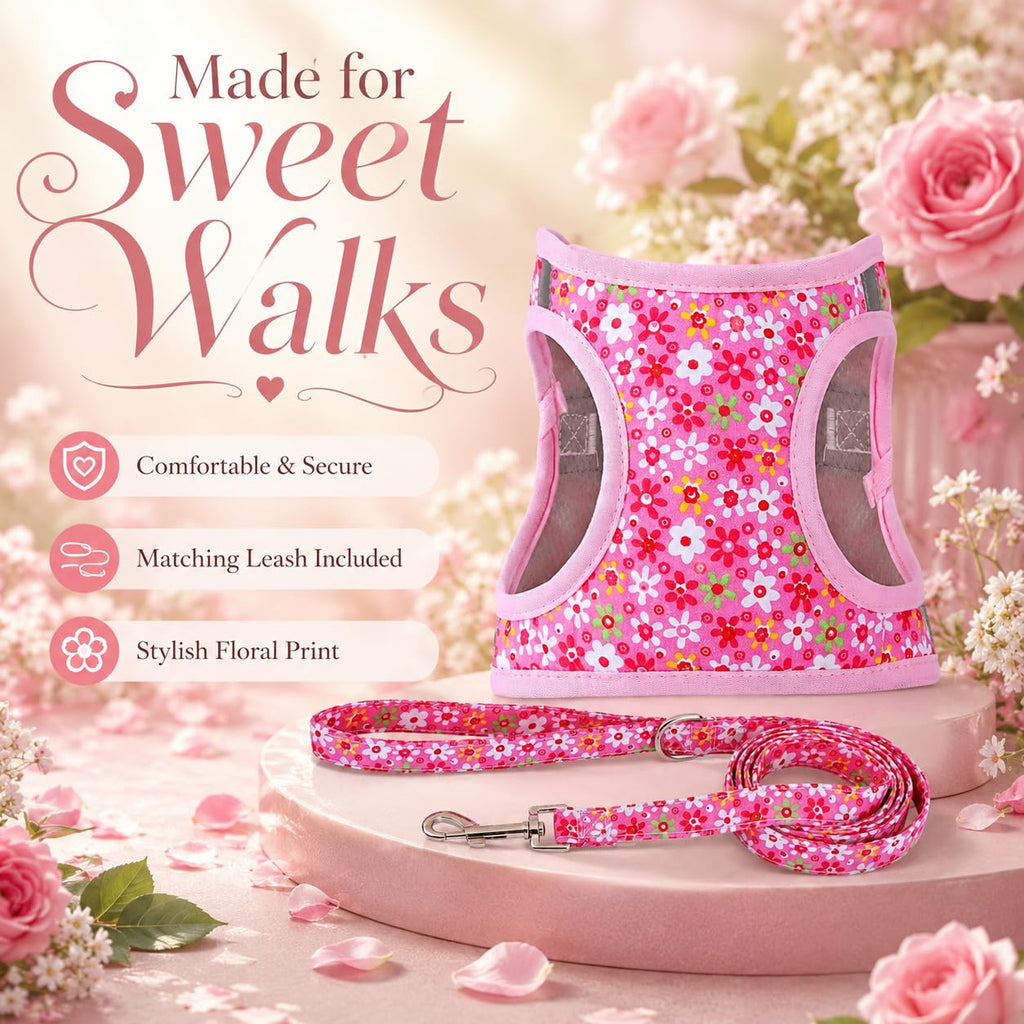MOONPET Pink Flower Step-In Dog Harness and Leash Set – No-Pull, Reflective, Breathable Mesh Vest for Small Dogs (Size S)