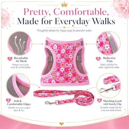 MOONPET Pink Flower Step-In Dog Harness and Leash Set – No-Pull, Reflective, Breathable Mesh Vest for Small Dogs (Size S)
