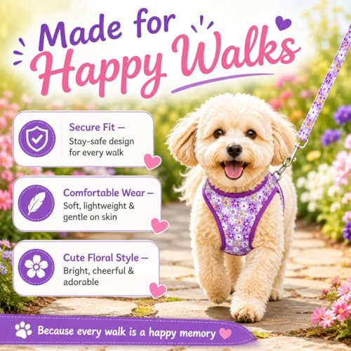 MOONPET Purple Flower Step-In Harness & Leash Set - No Pull, Reflective, Size M (Neck 16.5-21.2 inches)