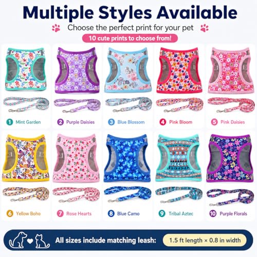 MOONPET Purple Flower Step-In Harness & Leash Set - No Pull, Reflective, Size M (Neck 16.5-21.2 inches)